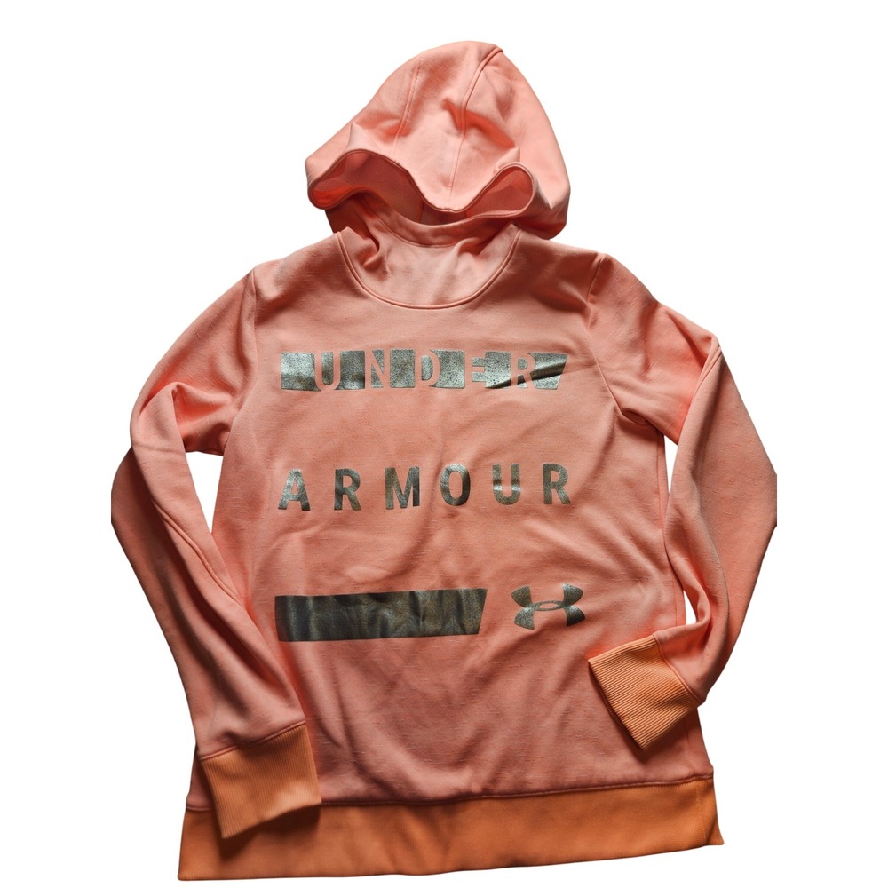 Under Armour ColdGear Rival Fleece Hoodie Peach Silver Logo Pullover Small